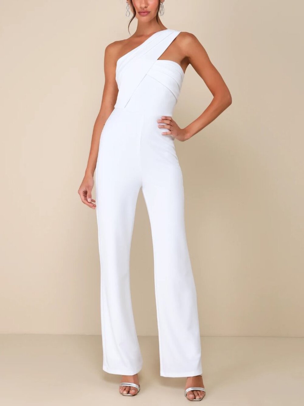 Lulus Devoted to Fun Ivory One-Shoulder Sleeveless Jumpsuit Size XS